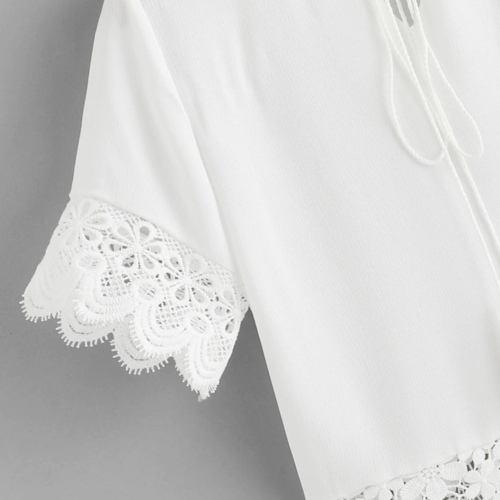 White Lace Hem Tie Neck Top Size S - Picture 3 of 7